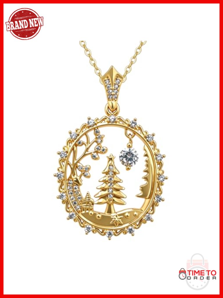18k Gold Plated Cubic Zirconia Christmas Tree Pendant Necklace, Dainty Holiday